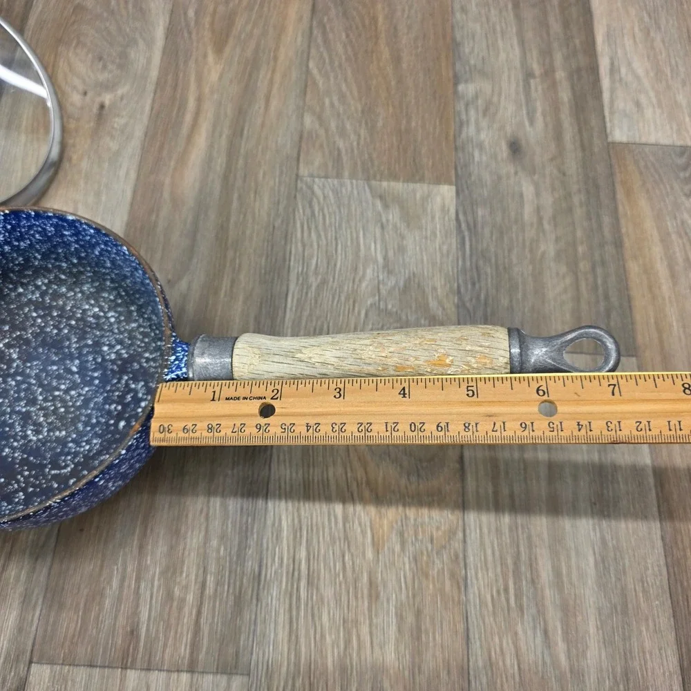 Vintage LL Bean Blue Speckled Cast Iron Saucepan Pot with Lid Pour Spout Wood